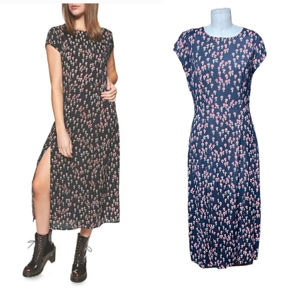 Free People Corrie Split Hem Ditsy Floral Print Midi Dress Black Red Size 6 - Picture 1 of 9